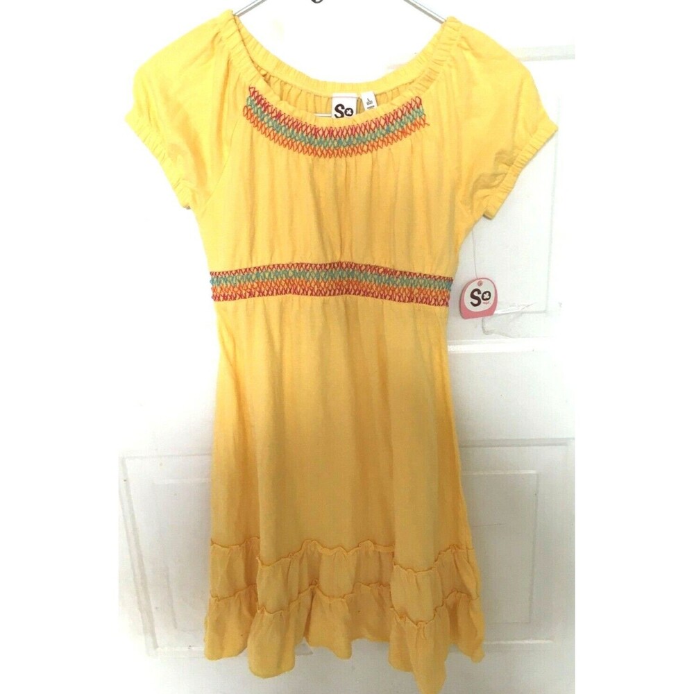 SO Girl's Peasant Dress Yellow Size 12 Ruffles Bohemian Elastic Neck NWT